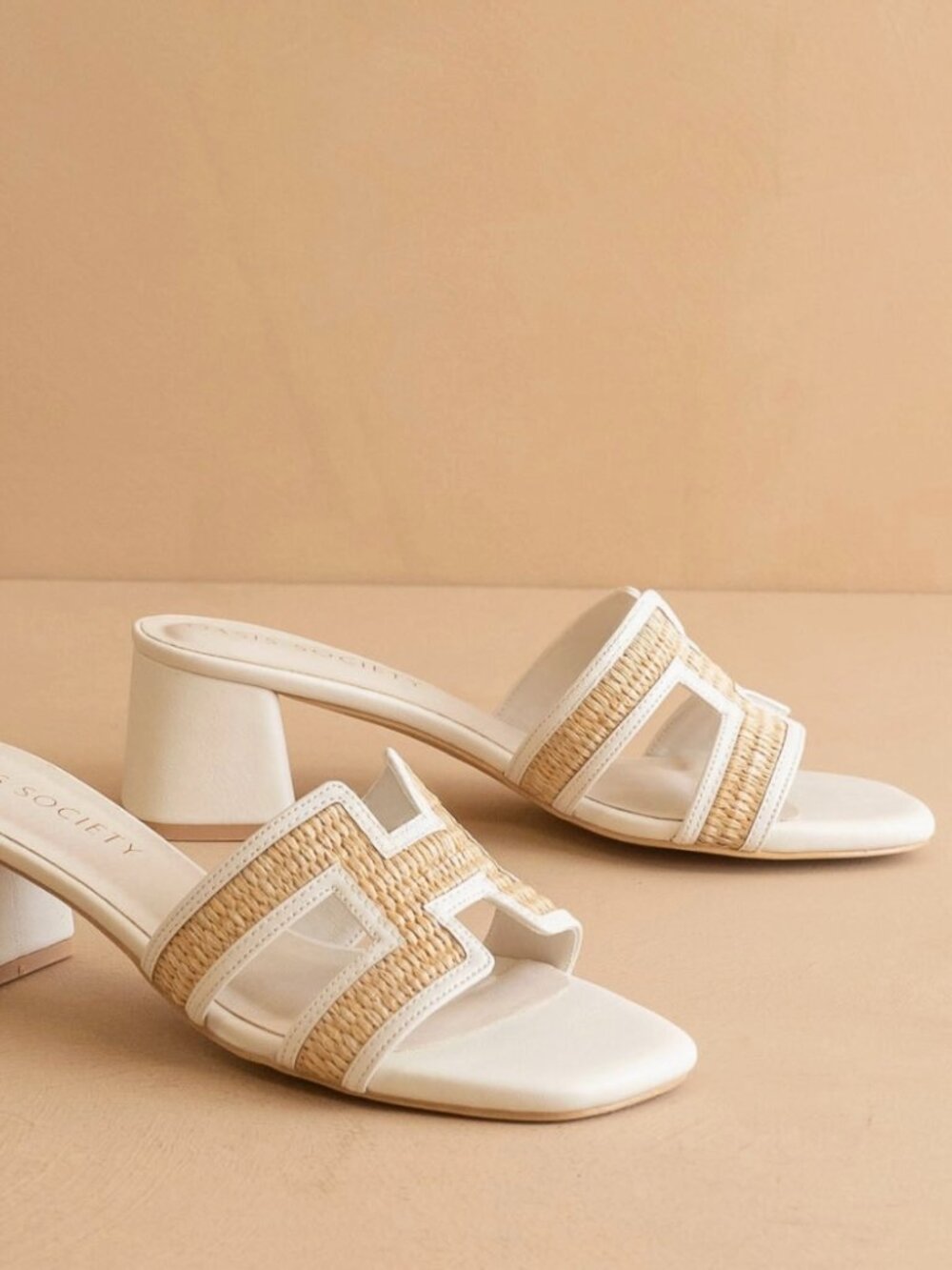 THE EILEEN WHITE RAFFIA H-CUTOUT BLOCK HEEL SANDALS